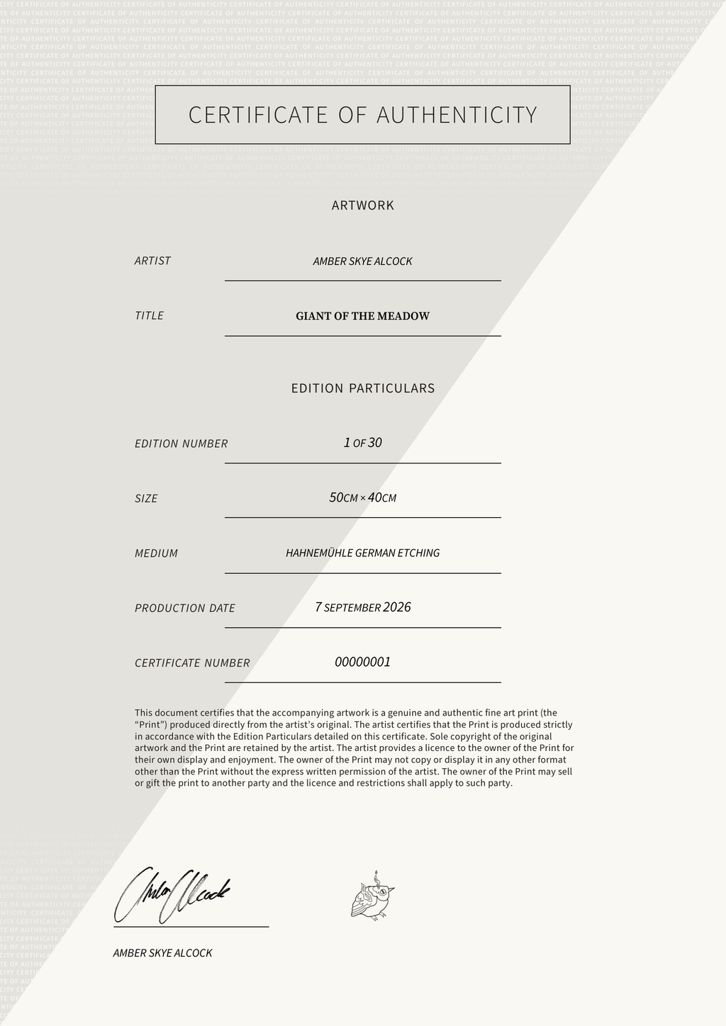 Giant of the Meadow — Certificate of Authenticity