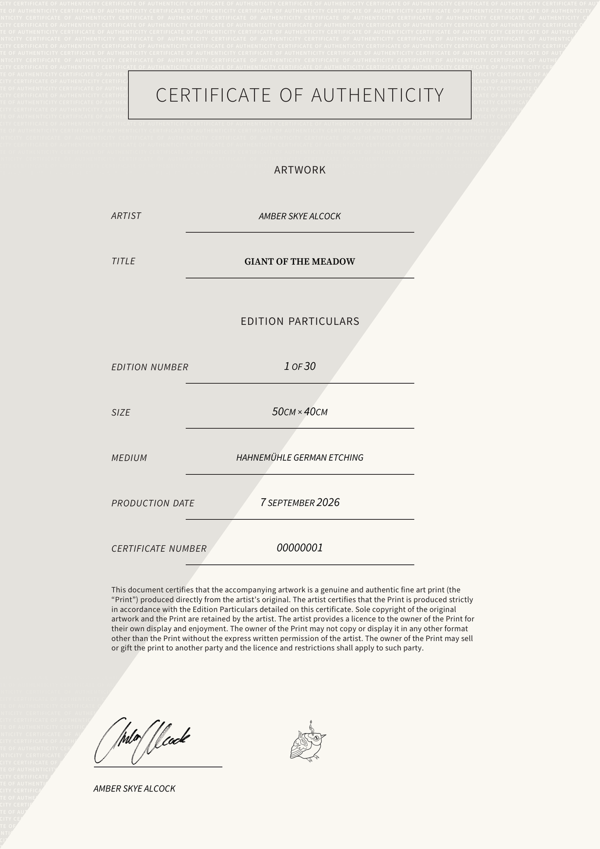 Giant of the Meadow — Certificate of Authenticity